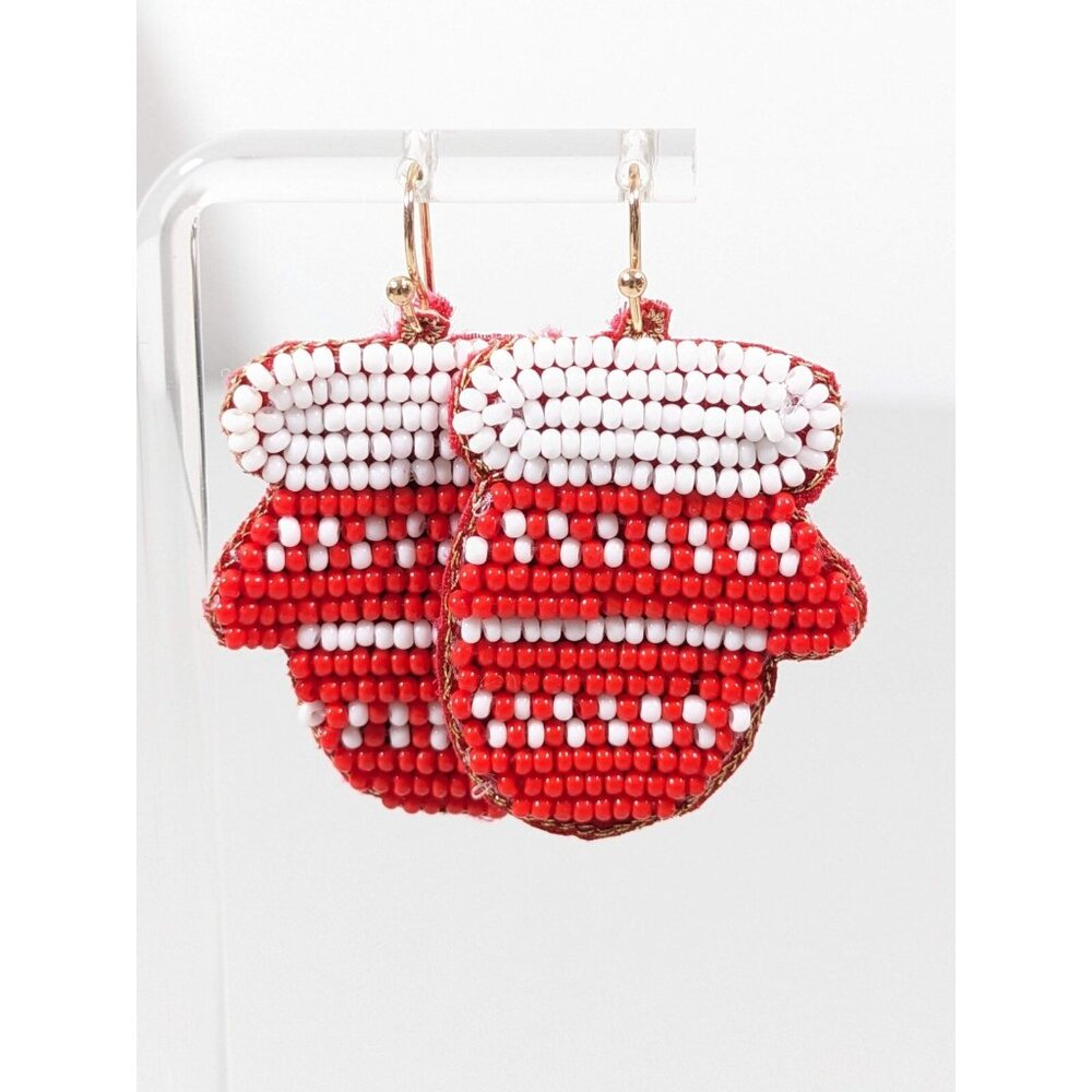 Christmas Winter Mitten Glass Bead Red White Dangle Earrings Velvet‎ Backs